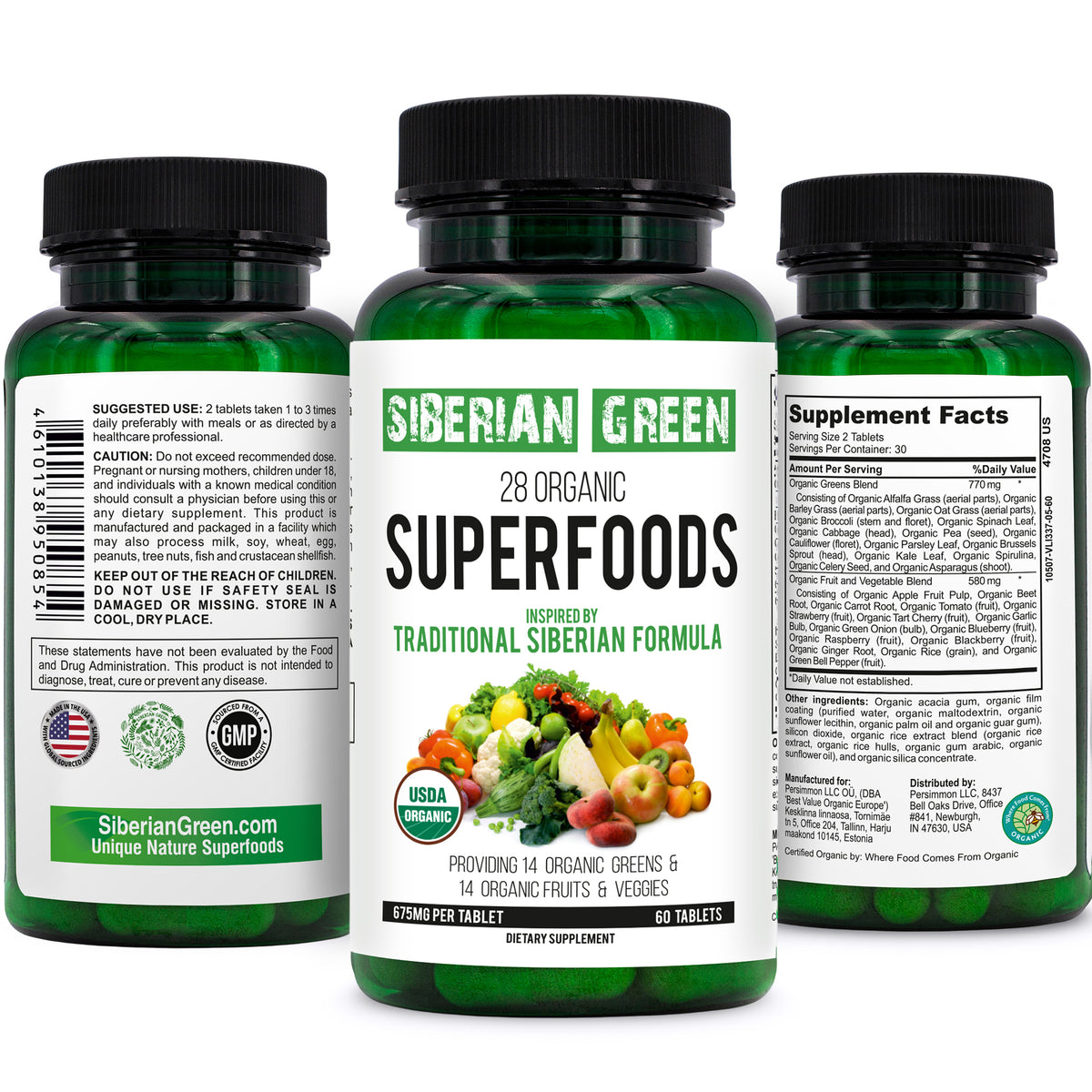 Fórmula Siberian Green de 28 superalimentos, 60 tabletas: verduras y frutas nutritivas con certificación orgánica Essential Greens