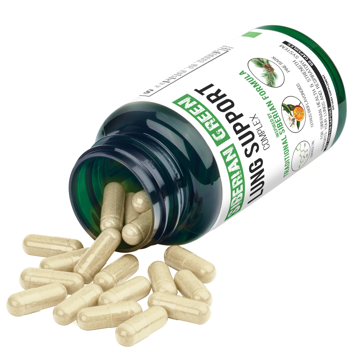 Hierbas para apoyar los pulmones Siberian Green 60 cápsulas - Bioflavonoides de corteza de pino y quercetina