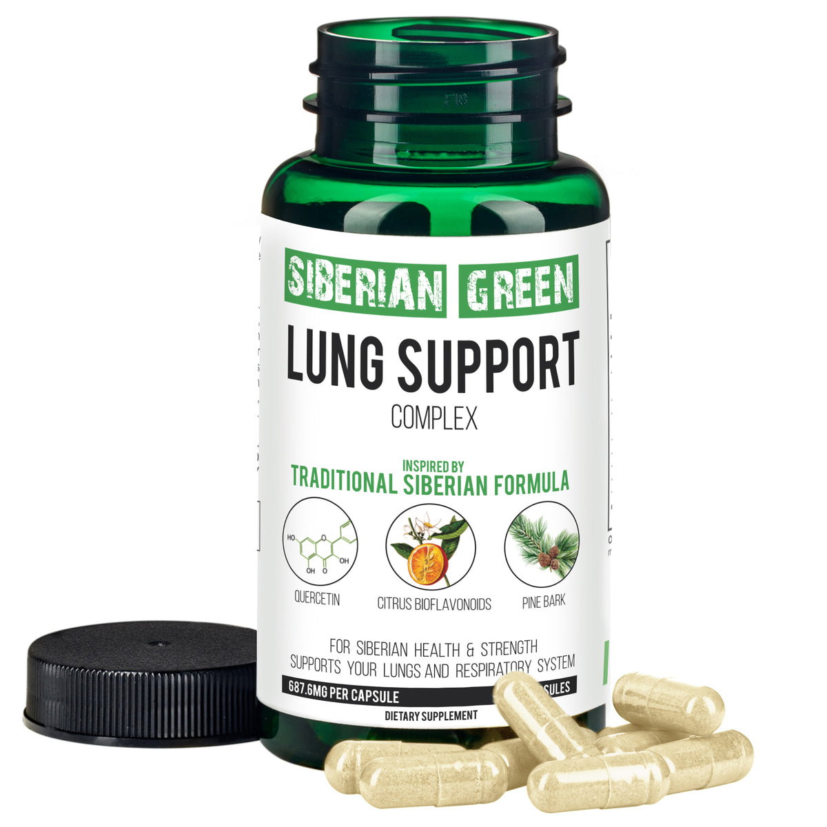 Hierbas para apoyar los pulmones Siberian Green 60 cápsulas - Bioflavonoides de corteza de pino y quercetina