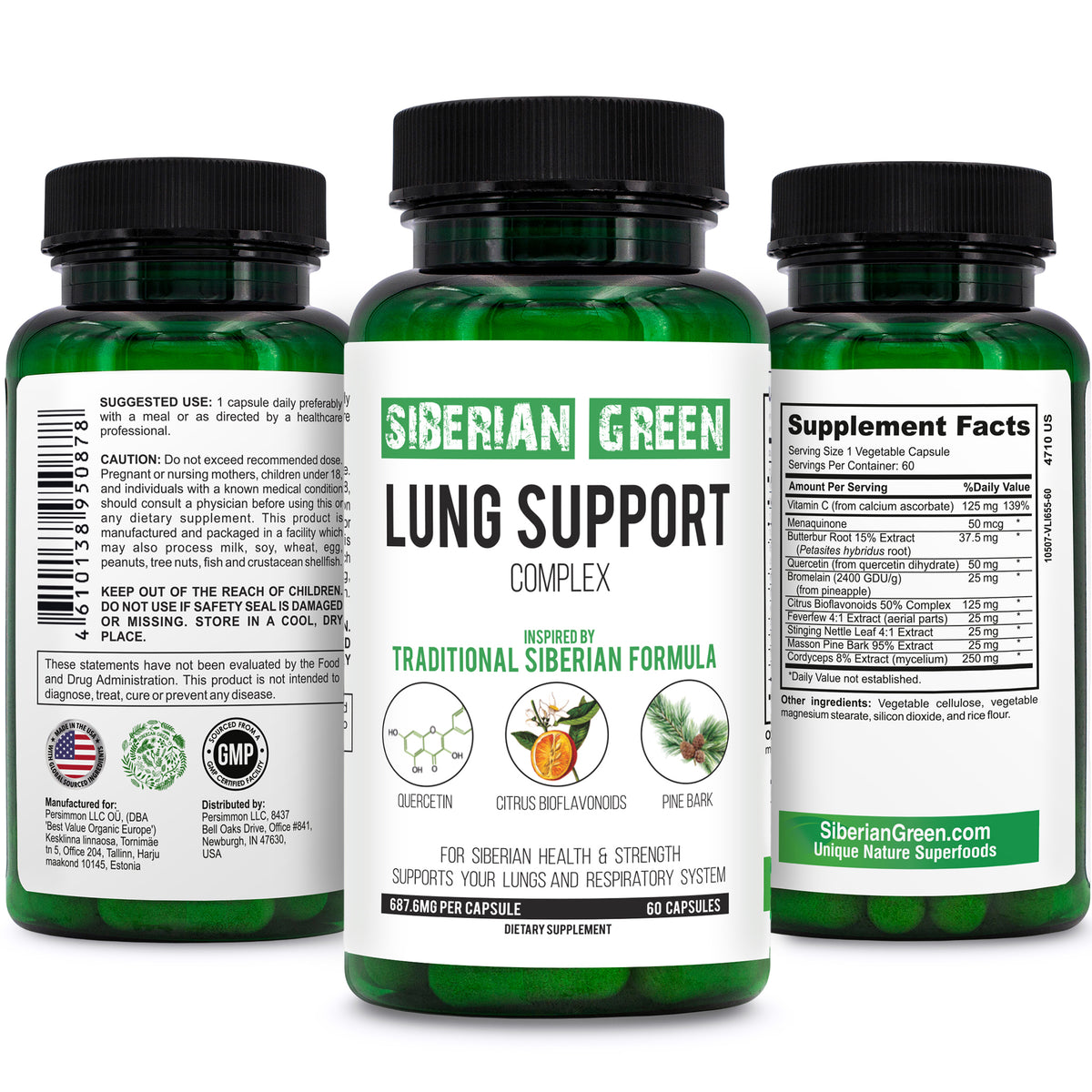 Hierbas para apoyar los pulmones Siberian Green 60 cápsulas - Bioflavonoides de corteza de pino y quercetina