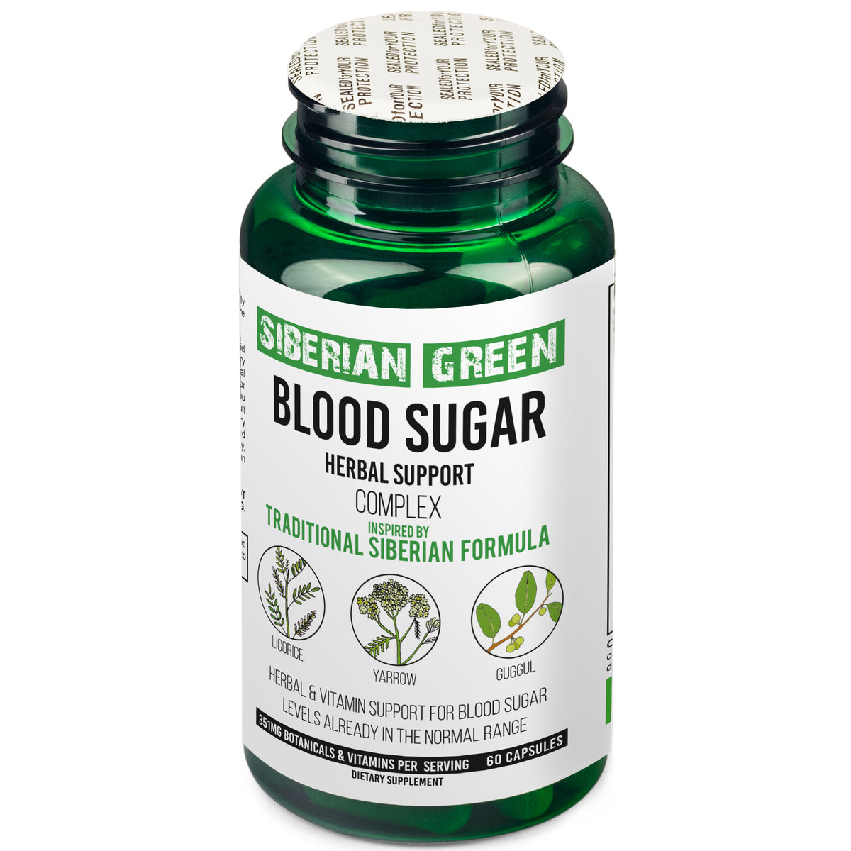 Suplemento a base de hierbas para el azúcar Siberian Green, 60 cápsulas: milenrama, guggul y regaliz
