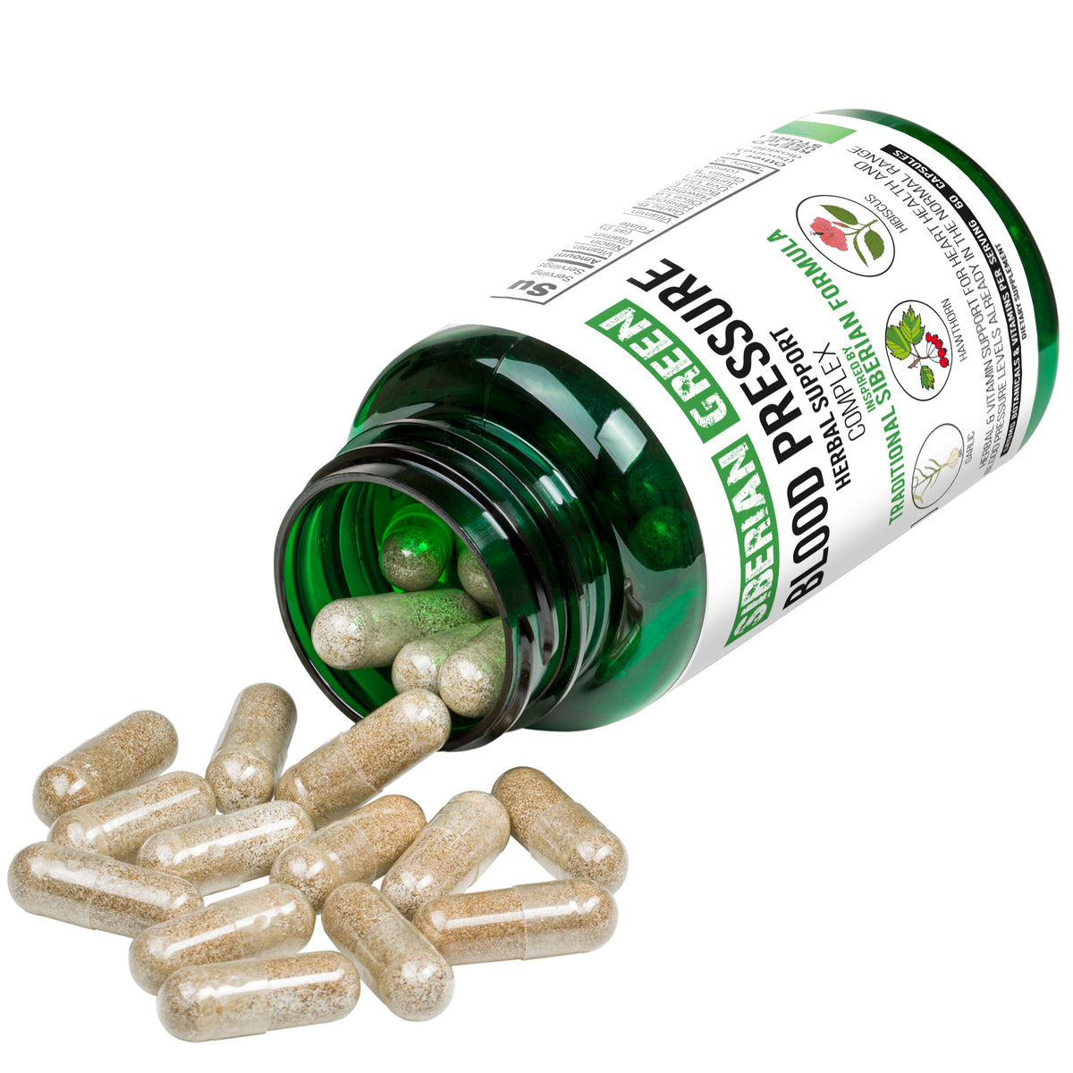 Suplemento herbal para la presión arterial y el corazón Siberian Green, 60 cápsulas, espino blanco, hibisco y ajo
