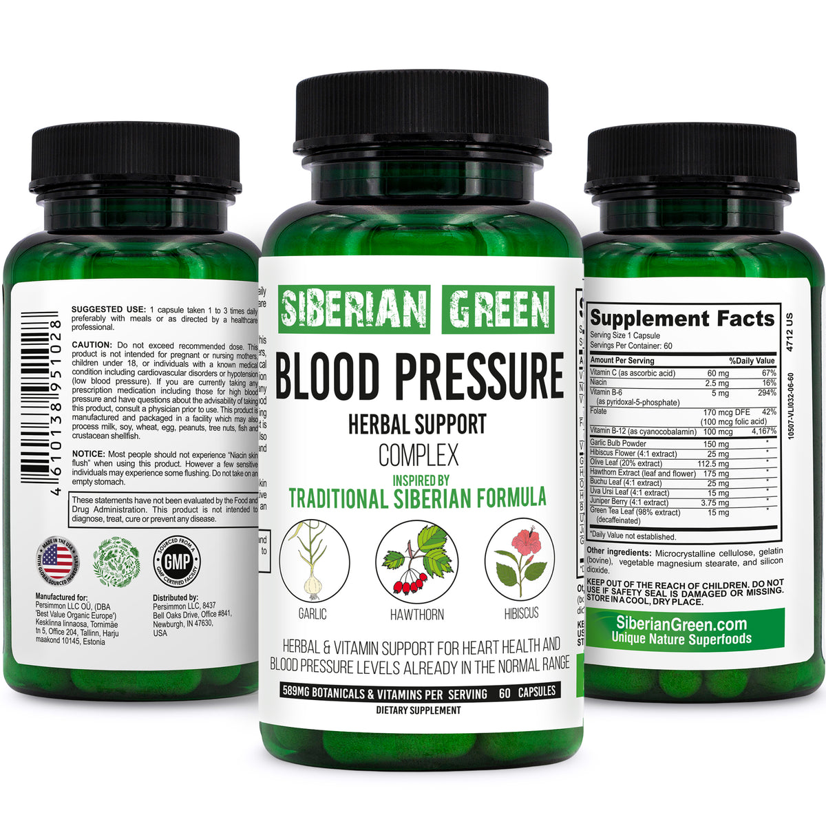 Suplemento herbal para la presión arterial y el corazón Siberian Green, 60 cápsulas, espino blanco, hibisco y ajo