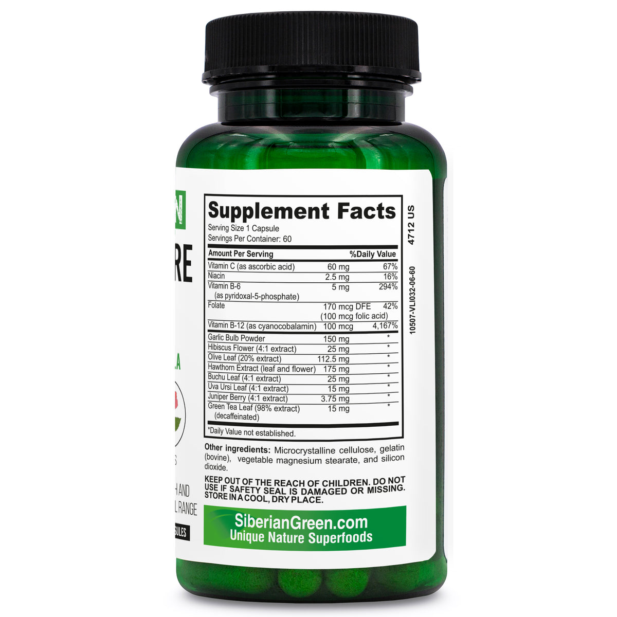 Suplemento herbal para la presión arterial y el corazón Siberian Green, 60 cápsulas, espino blanco, hibisco y ajo
