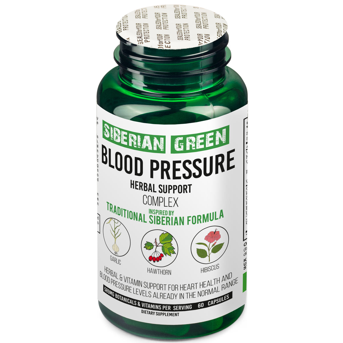Suplemento herbal para la presión arterial y el corazón Siberian Green, 60 cápsulas, espino blanco, hibisco y ajo