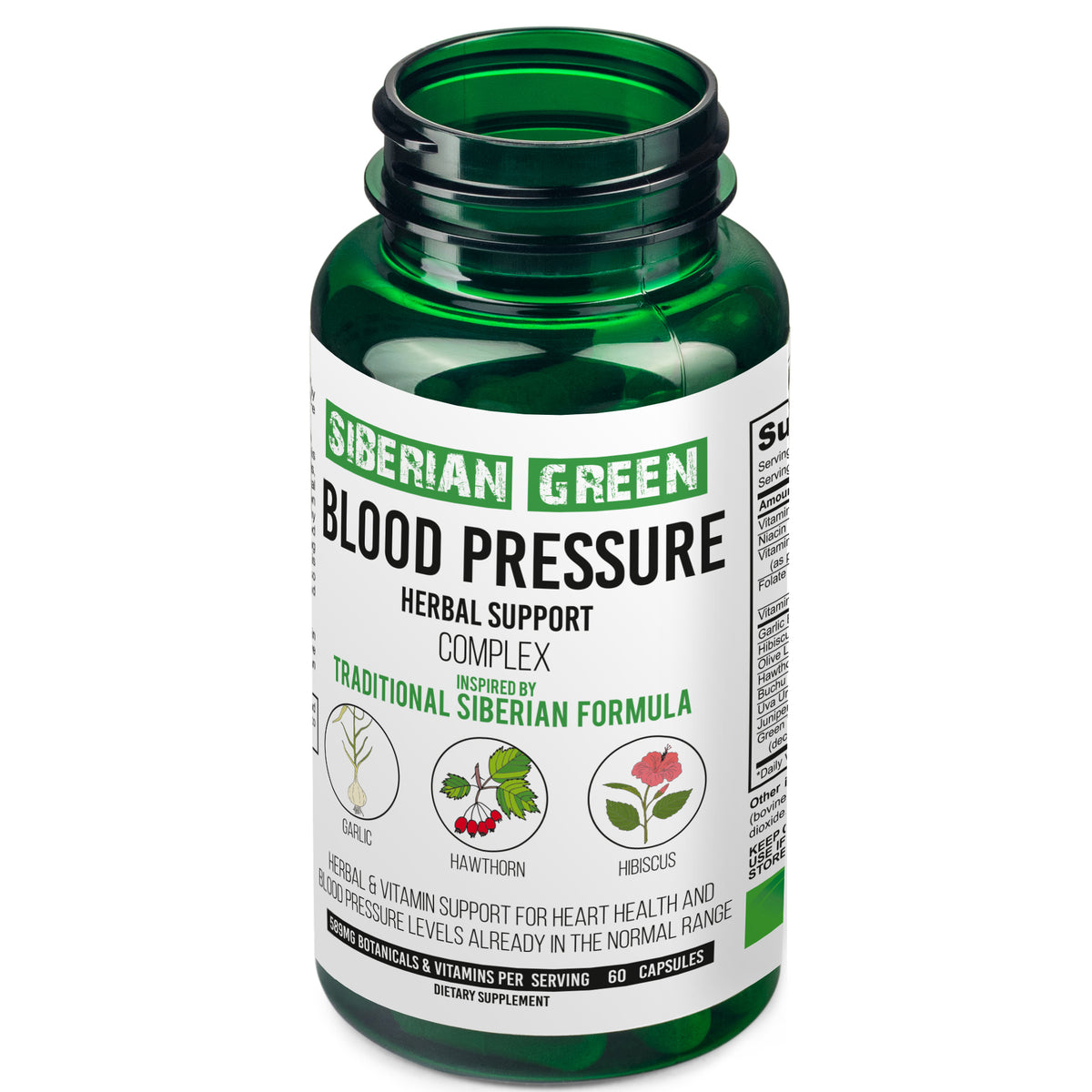 Suplemento herbal para la presión arterial y el corazón Siberian Green, 60 cápsulas, espino blanco, hibisco y ajo