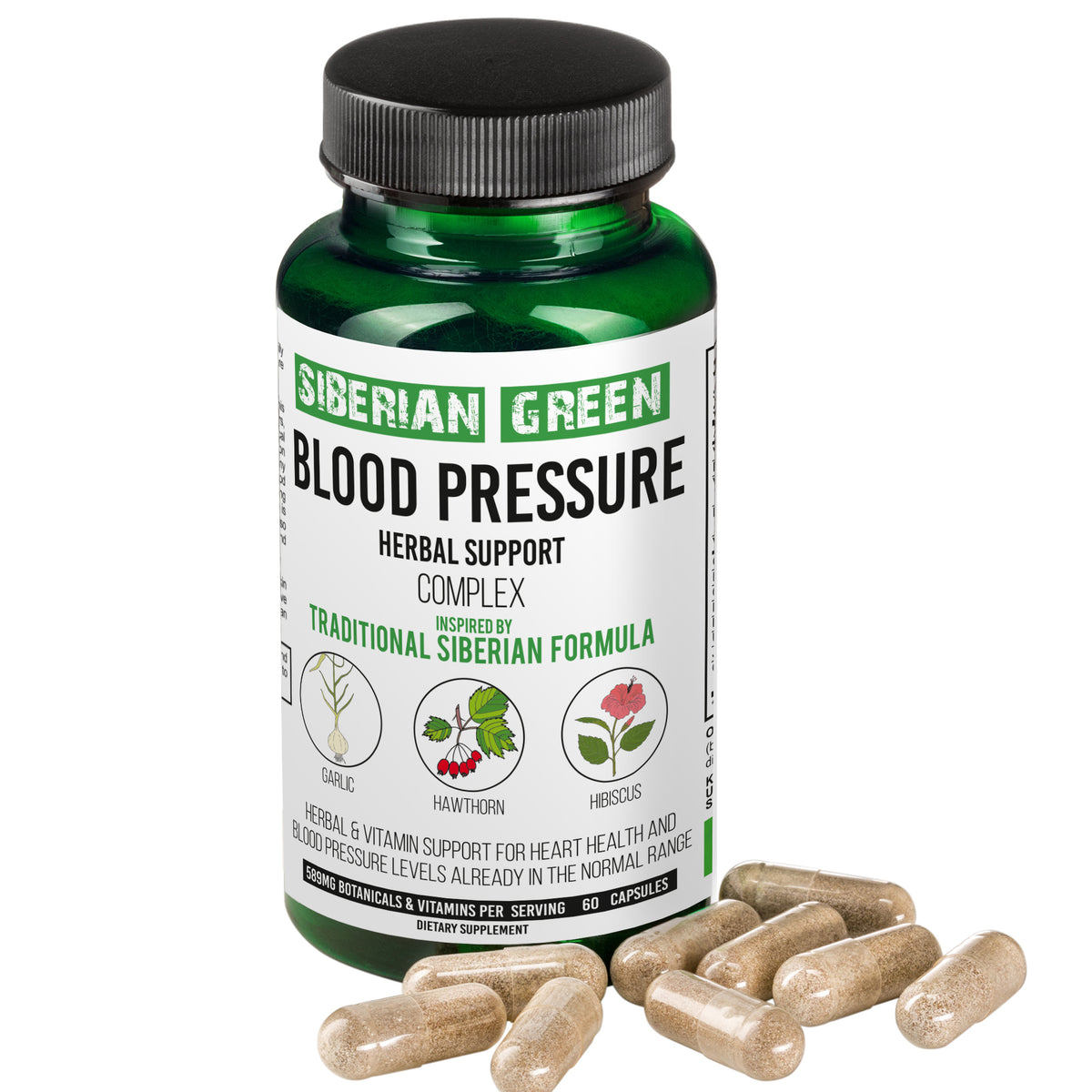 Suplemento herbal para la presión arterial y el corazón Siberian Green, 60 cápsulas, espino blanco, hibisco y ajo