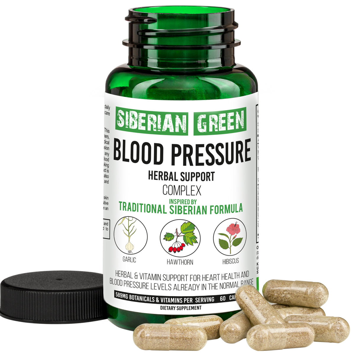 Suplemento herbal para la presión arterial y el corazón Siberian Green, 60 cápsulas, espino blanco, hibisco y ajo