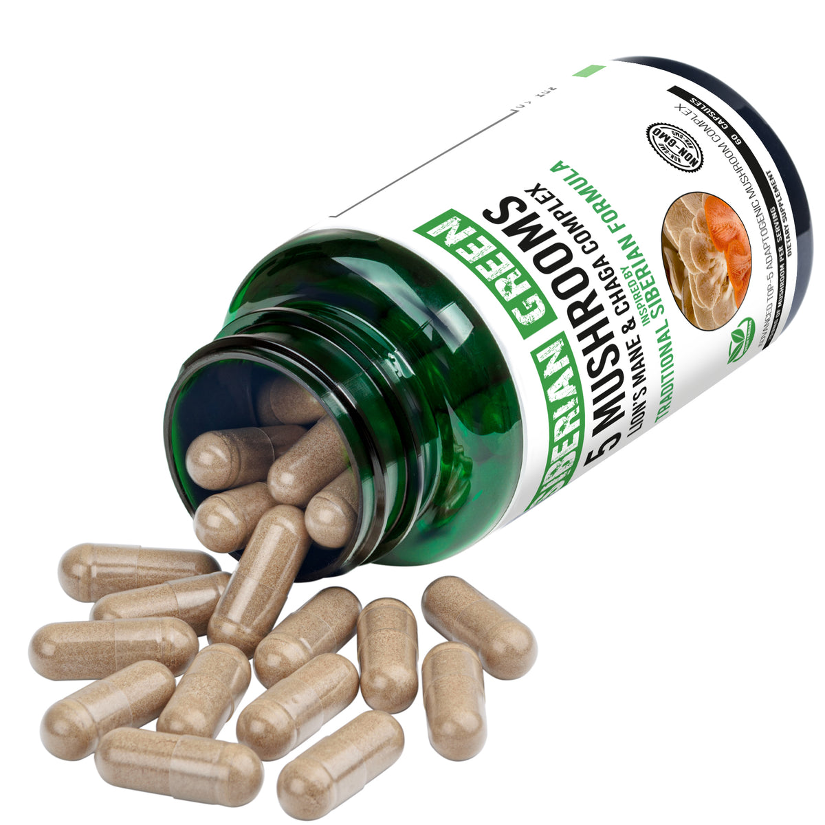 5 Hongos Melena de león verde siberiano Chaga Shiitake Maitake Reishi 60 cápsulas