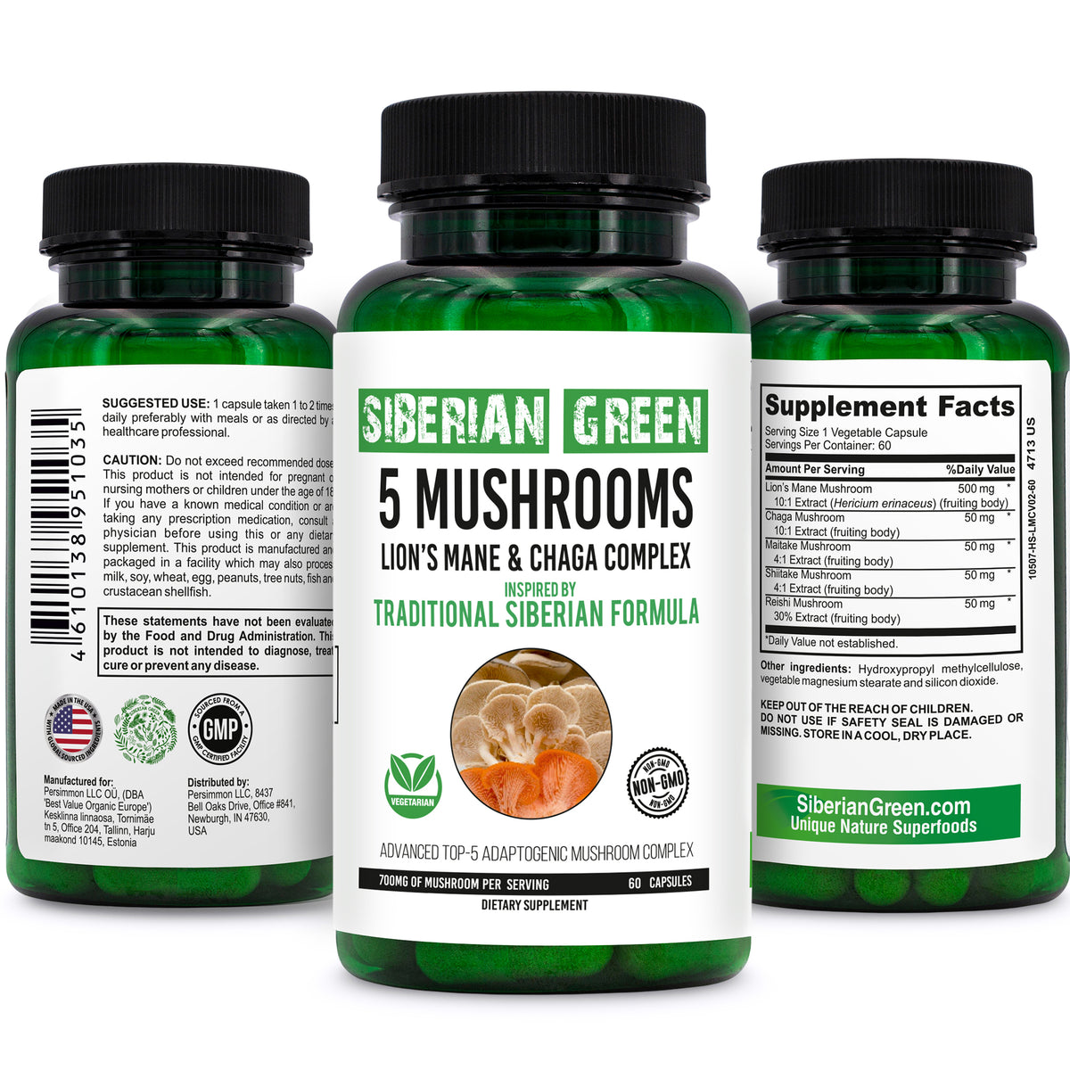 5 Hongos Melena de león verde siberiano Chaga Shiitake Maitake Reishi 60 cápsulas