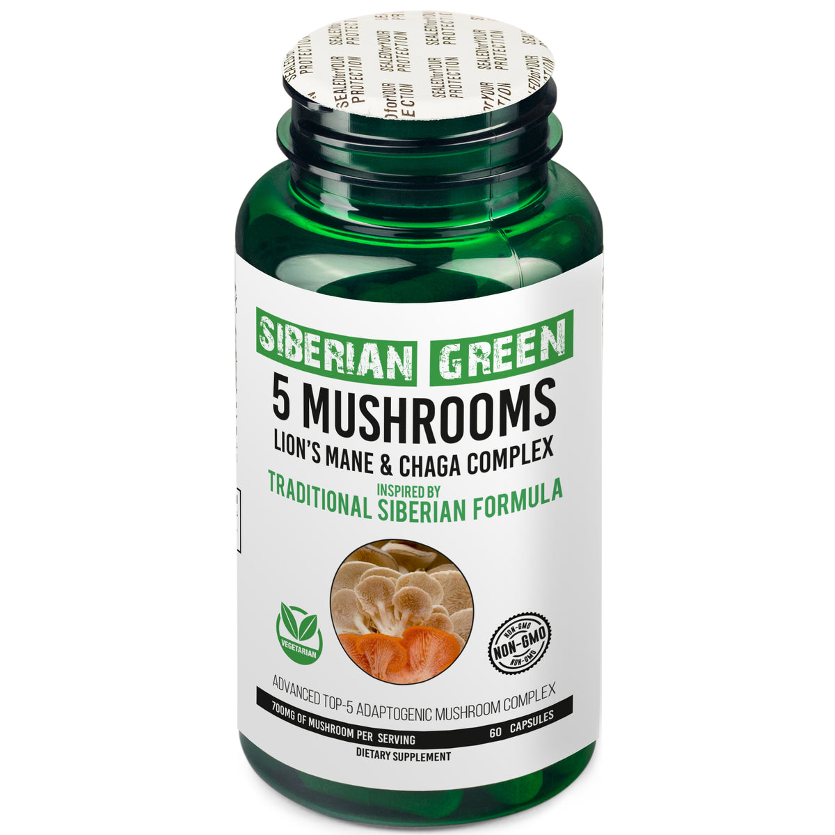 5 Hongos Melena de león verde siberiano Chaga Shiitake Maitake Reishi 60 cápsulas