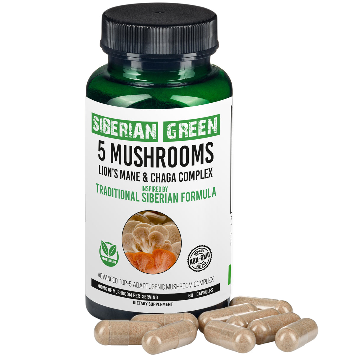 5 Hongos Melena de león verde siberiano Chaga Shiitake Maitake Reishi 60 cápsulas