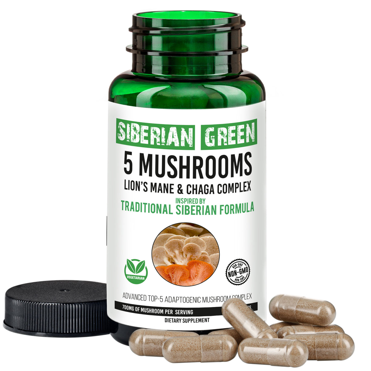 5 Hongos Melena de león verde siberiano Chaga Shiitake Maitake Reishi 60 cápsulas
