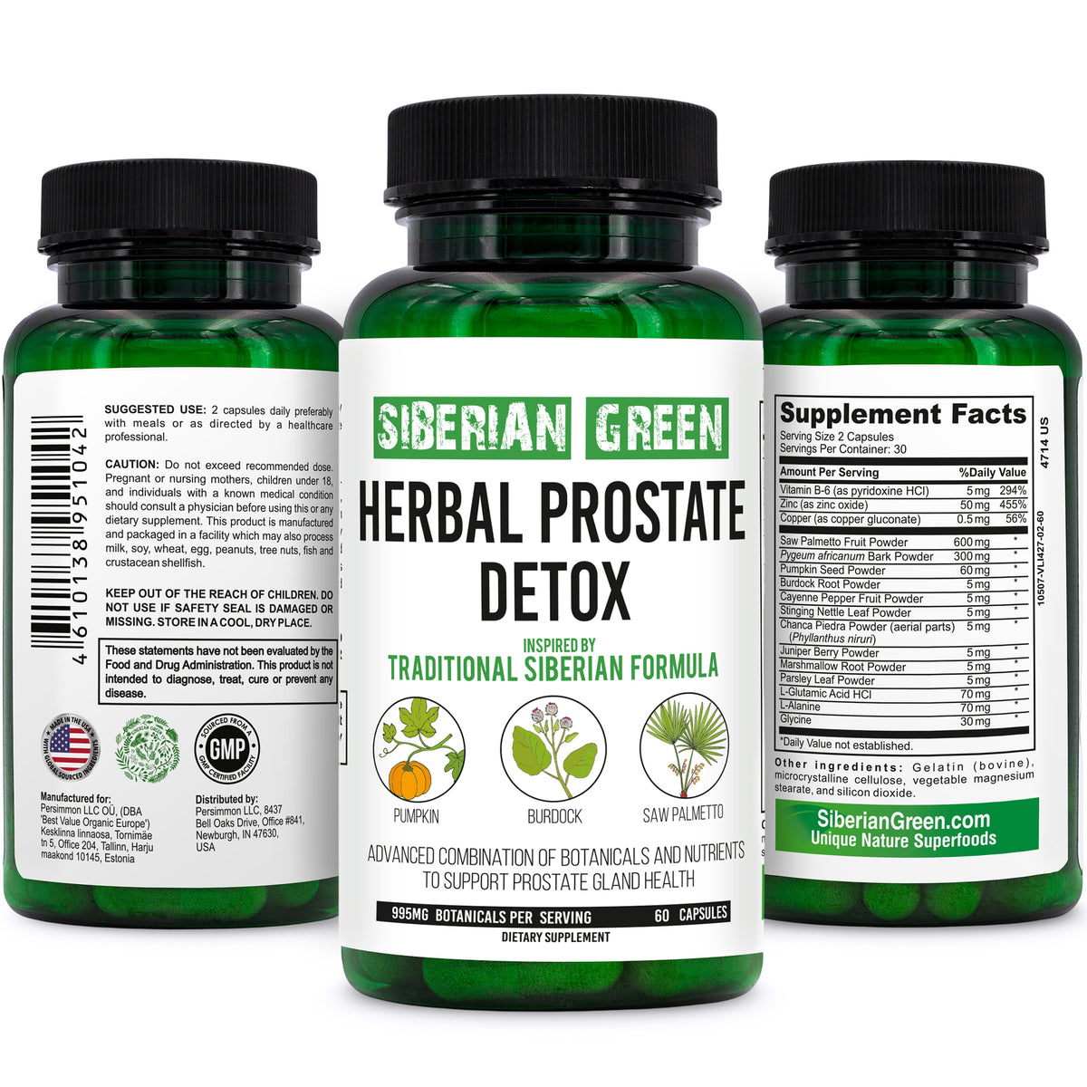 Desintoxicación de próstata a base de hierbas Siberian Green 60 cápsulas: Saw Palmetto, bardana, calabaza