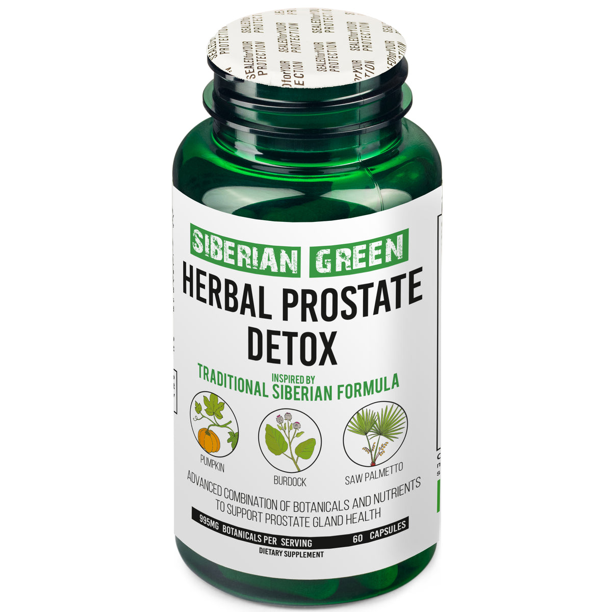 Desintoxicación de próstata a base de hierbas Siberian Green 60 cápsulas: Saw Palmetto, bardana, calabaza