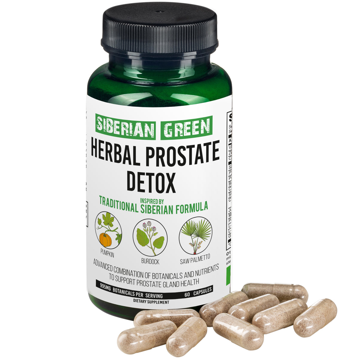 Desintoxicación de próstata a base de hierbas Siberian Green 60 cápsulas: Saw Palmetto, bardana, calabaza