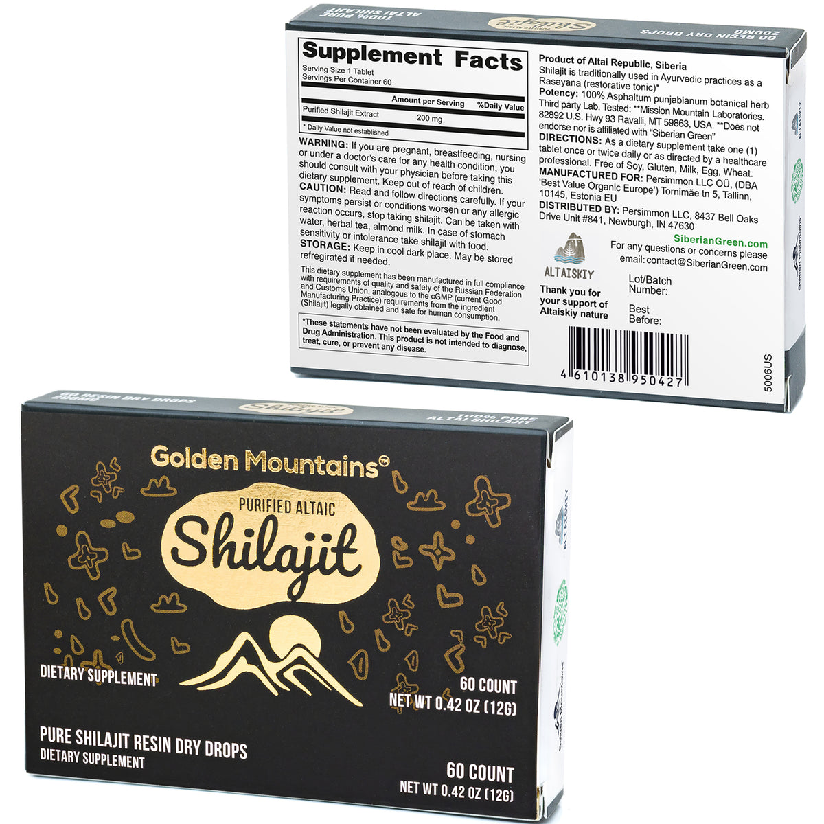 Shilajit 60 gotas secas Altai "Montañas Doradas" Verde Siberiano