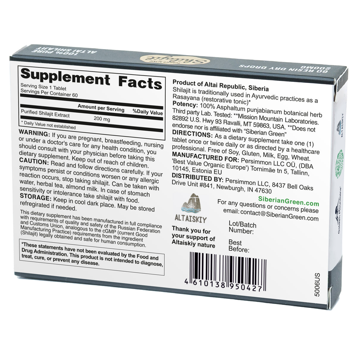 Shilajit 60 gotas secas Altai "Montañas Doradas" Verde Siberiano