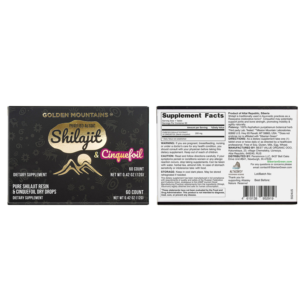 Siberian Green Shilajit Dry Drops w Cinquefoil extract | Altai Golden Mountains | 60 x 200mg