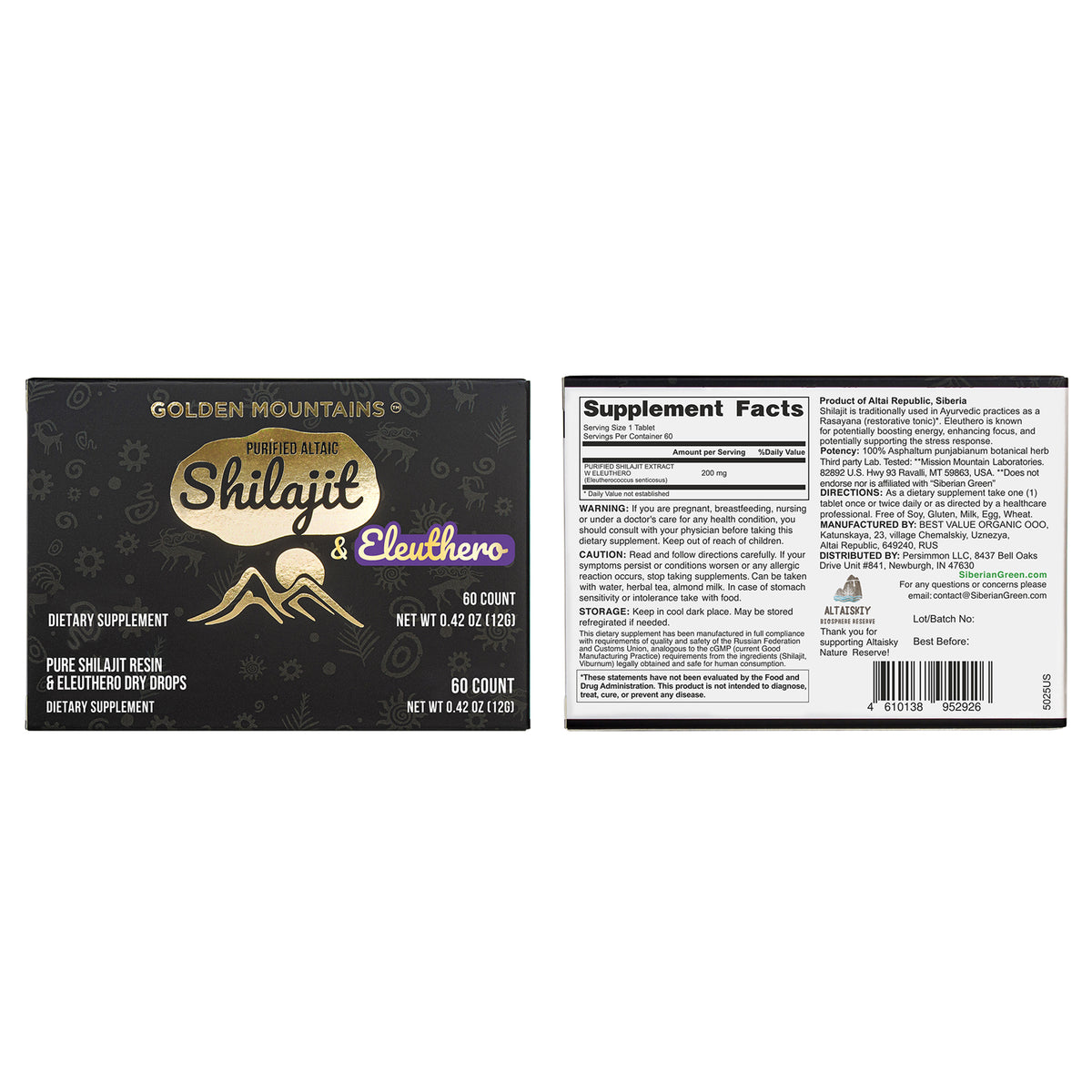 Siberian Green Shilajit Dry Drops w Eleuthero extract | Altai Golden Mountains | 60 x 200mg