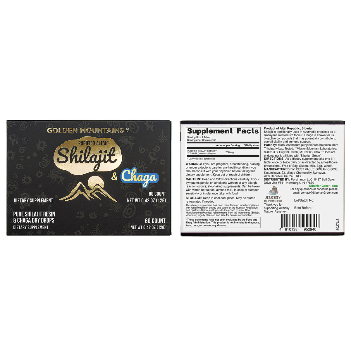 Siberian Green Shilajit Dry Drops w Chaga Birch extract | Altai Golden Mountains | 60 x 200mg