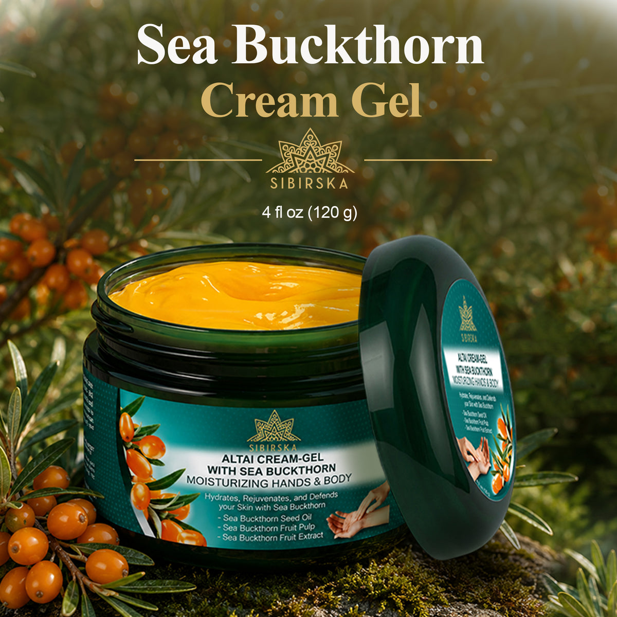 Altai Sibirska Sea Buckthorn Cream Gel for Hands and Body 4 fl oz (120 g) – Fast Absorbing Moisturizer for Dry Skin Premium Omega 7