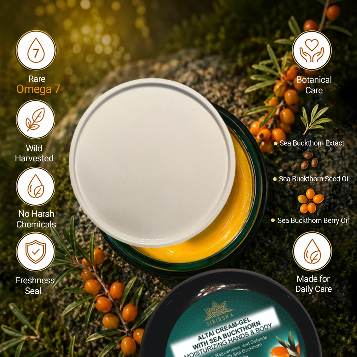 Altai Sibirska Sea Buckthorn Cream Gel for Hands and Body 4 fl oz (120 g) – Fast Absorbing Moisturizer for Dry Skin Premium Omega 7