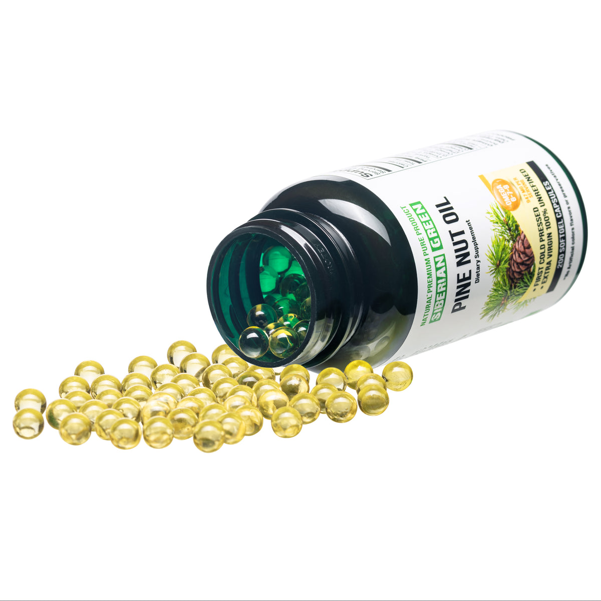 Cápsulas de aceite de piñón verde siberiano, 200 cápsulas blandas, cosecha silvestre, Siberia Altai, prensado en frío, sin refinar 