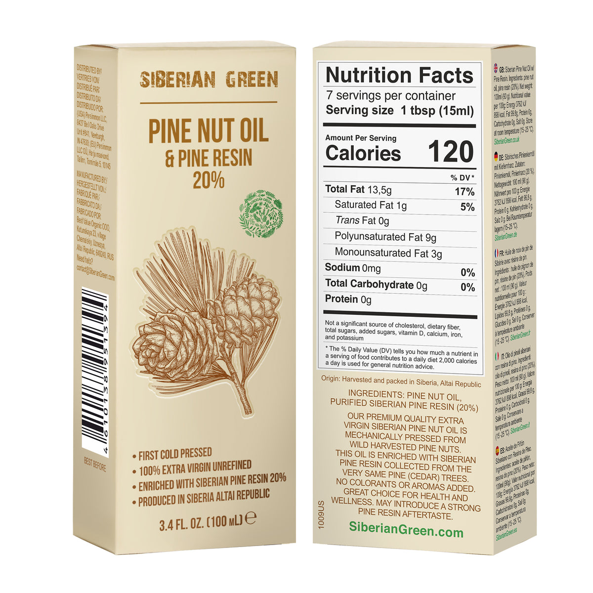 Aceite de piñón siberiano con resina de pino cedro, puro, natural, 100 % virgen extra, prensado en frío, 100 ml/3,4 fl oz 