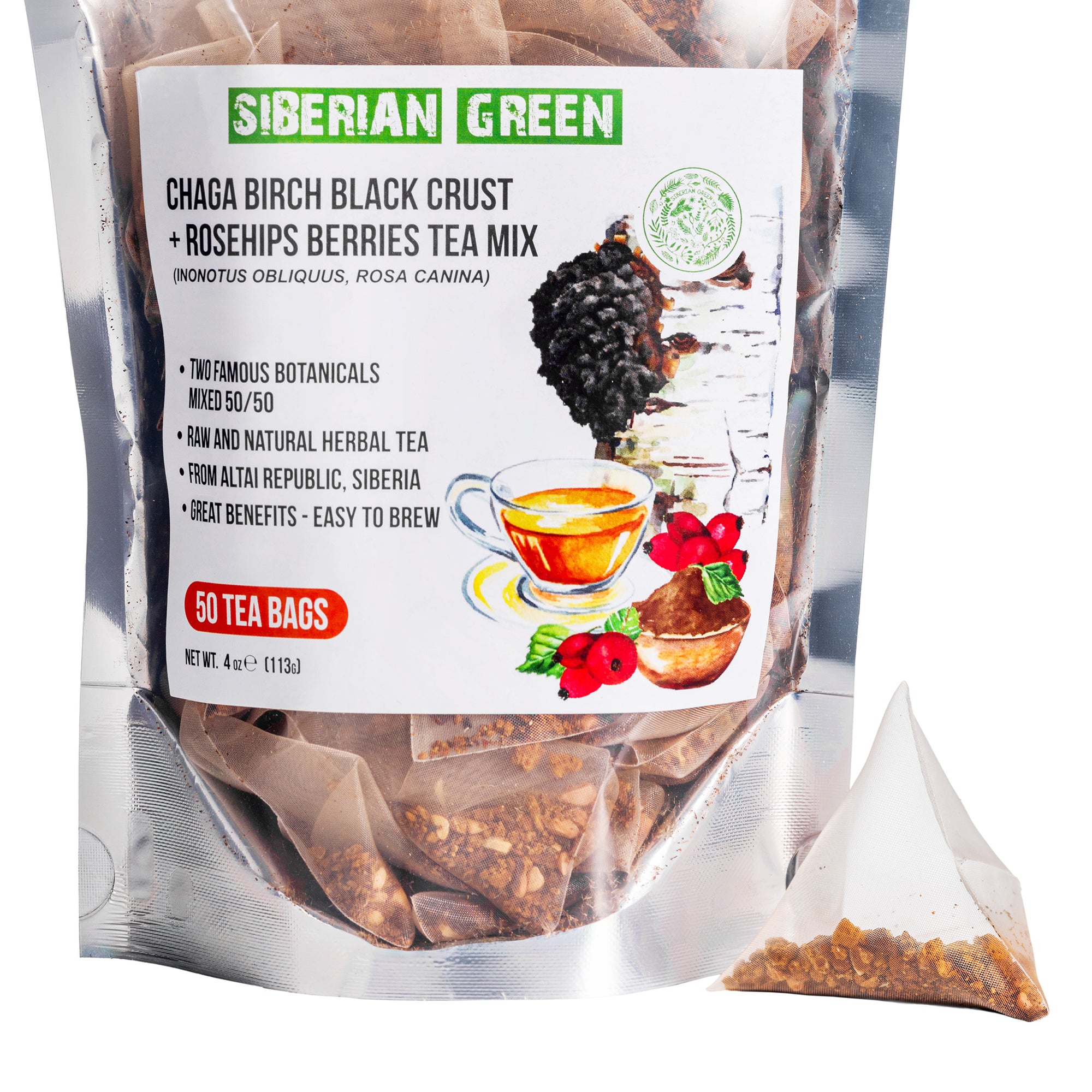 Premium Siberian Green Chaga Tea with Rosehip in eco-friendly packaging