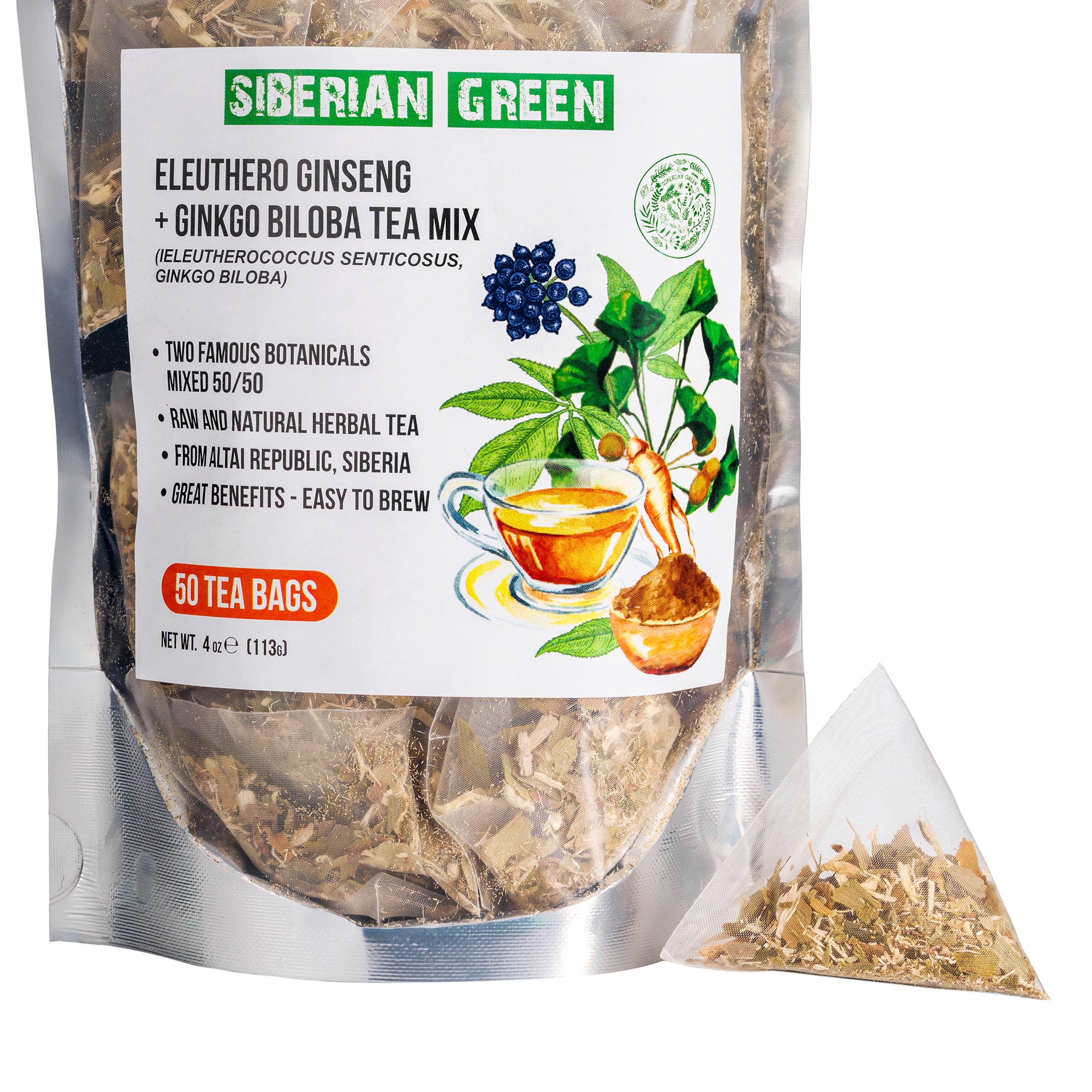 Siberian Green Ginkgo Biloba & Eleuthero Root Tea – 50 bags pack