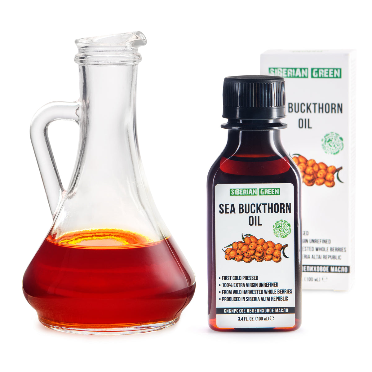 Aceite de semillas y bayas de espino amarillo siberiano | 100 % natural, virgen extra, prensado en frío, 100 ml/3,4 fl oz | Carotenoides de primera calidad