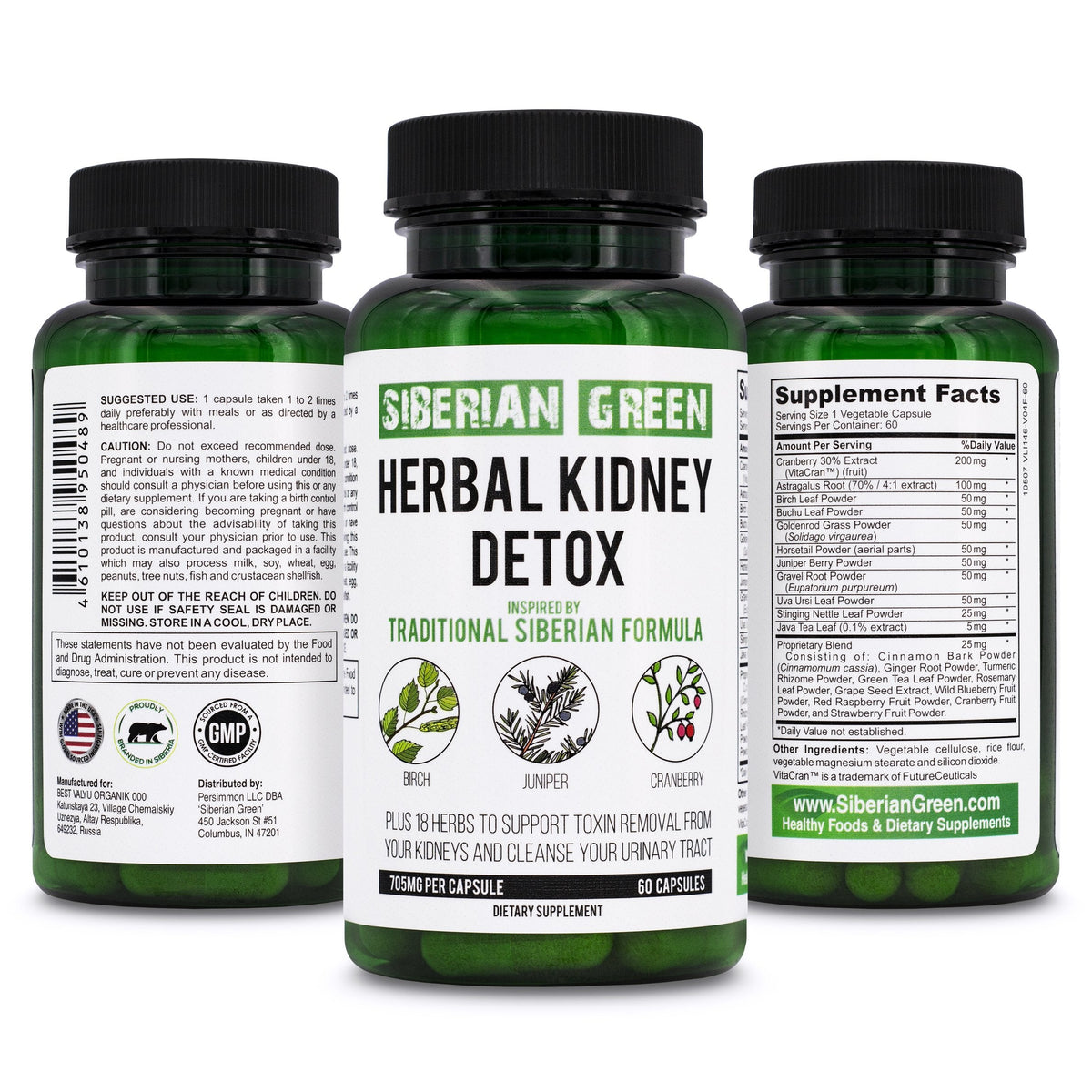 Herbal Kidney Detox Siberian Green 60 Caps - Cranberry Birch Juniper