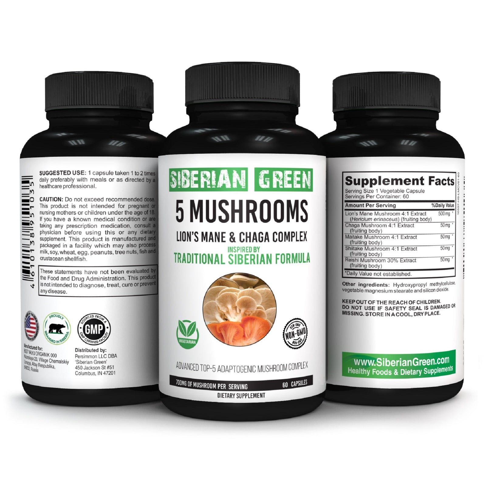 5 Mushrooms Siberian Green Lions Mane Chaga Shiitake Maitake Reishi 60 Caps