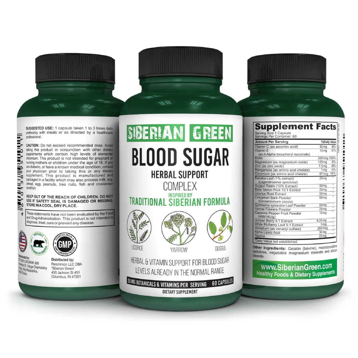Herbal Sugar Support Siberian Green 60 Caps - Yarrow Guggul Licorice