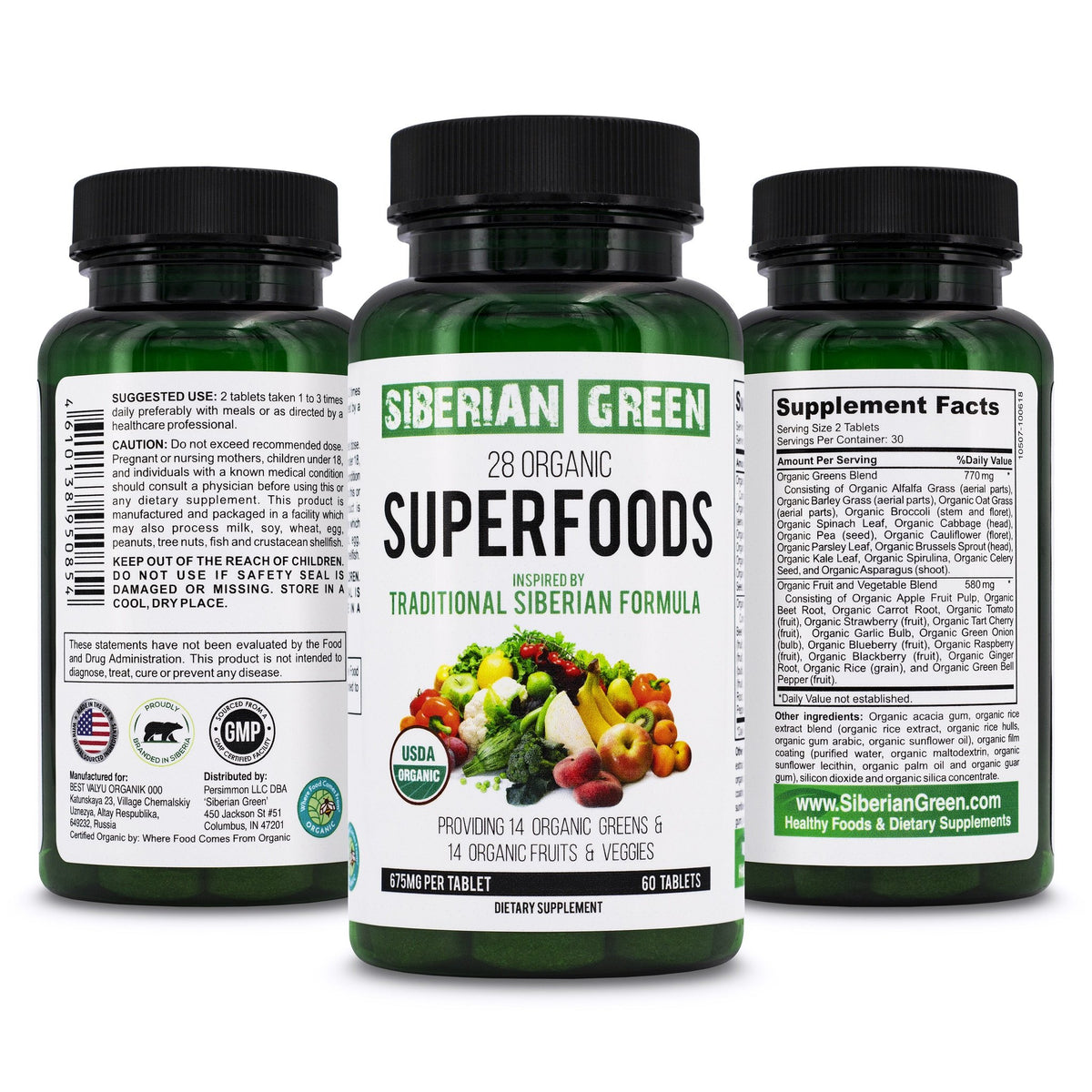 28 Superfoods Siberian Green Formula 60 Tabs - Certified Organic Essential Greens Nutritious Fruits &amp; Veggies